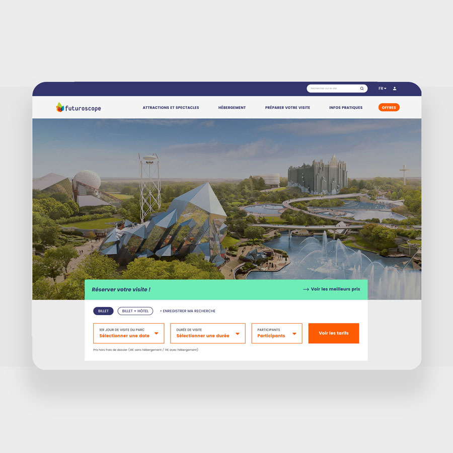 Vue globale de l'accueil de la refonte du site web du Futuroscope