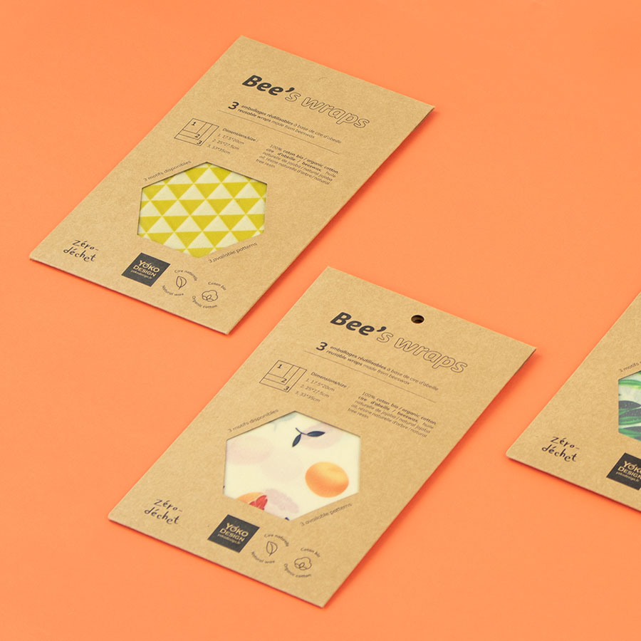 Vue globale de packagings en krft Bee's wraps pour la marque Yoko design