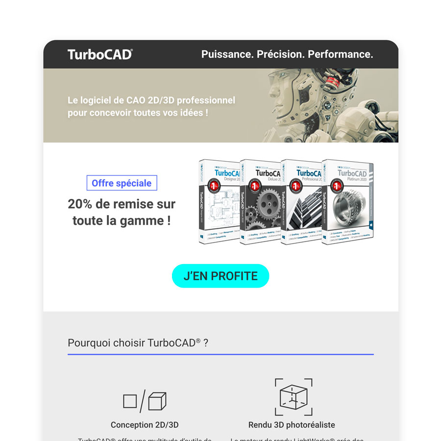 Vue globale de la newsletter / design de mail pour le logiciel TurboCad (Avanquest software)