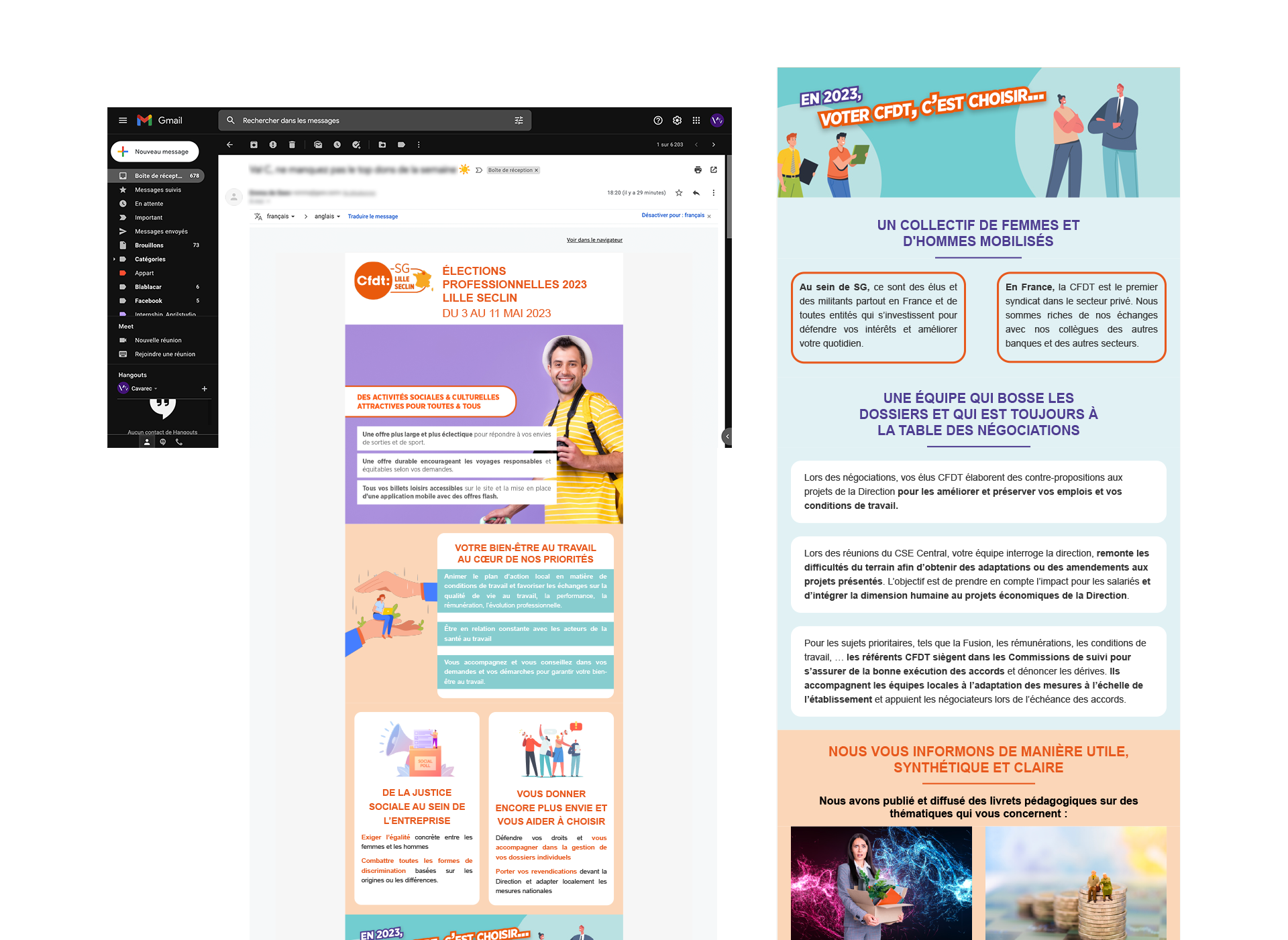Vue avec simulation sur gmail - newsletter / design de mail pour la CFDT SG